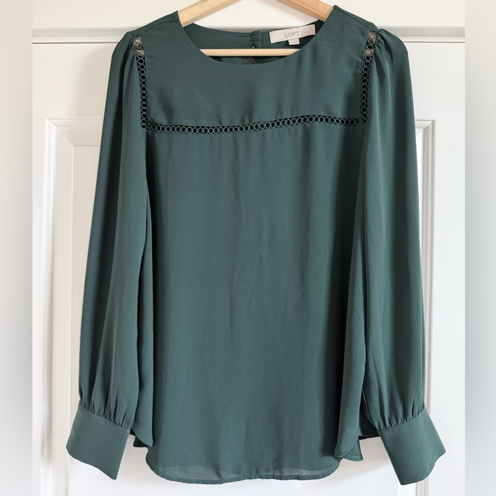 LOFT Dark Green Blouse with Lace Detail